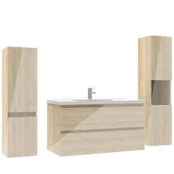 AICA Sanitaire Ensemble meuble salle de bain 100 cm Chêne Wotan brillant avec 2 tiroirs, lavabo céramique simple + deux colonnes, suspendu* Ensemble Meuble De Salle De Bains