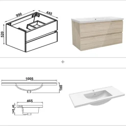 AICA Sanitaire Ensemble meuble salle de bain 100 cm Chêne Wotan brillant avec 2 tiroirs, lavabo céramique simple + deux colonnes, suspendu* Ensemble Meuble De Salle De Bains