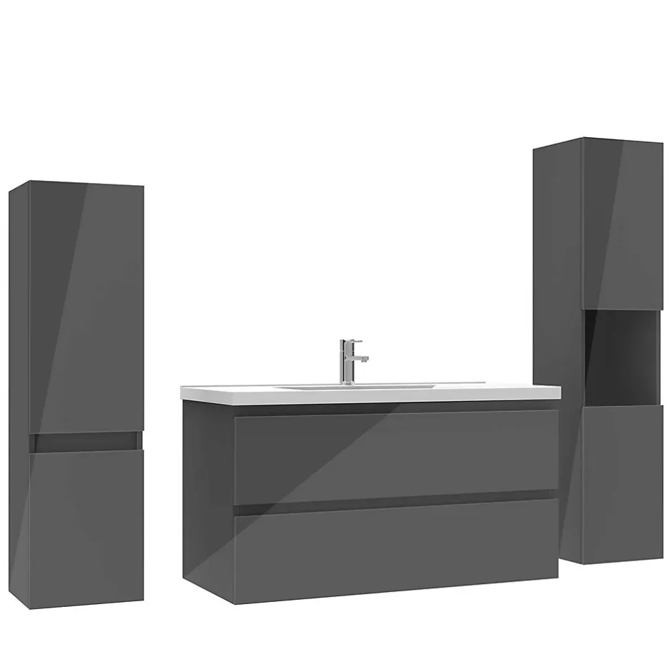 AICA Sanitaire Ensemble meuble salle de bain 100 cm anthracite brillant avec 2 tiroirs, lavabo céramique simple + deux colonnes, suspendu* Ensemble Meuble De Salle De Bains