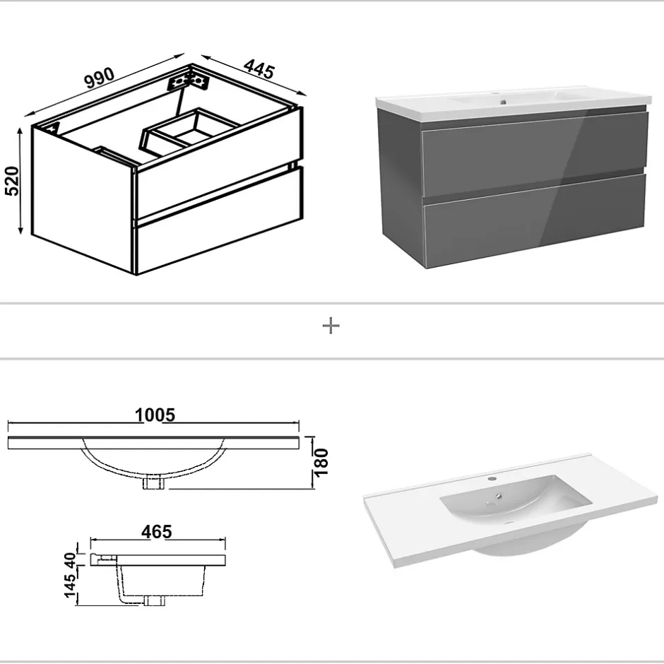 AICA Sanitaire Ensemble meuble salle de bain 100 cm anthracite brillant avec 2 tiroirs, lavabo céramique simple + deux colonnes, suspendu* Ensemble Meuble De Salle De Bains