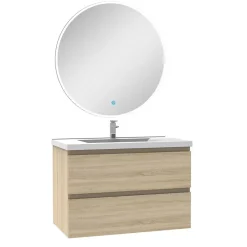 AICA Sanitaire Ensemble meuble Salle de Bain 80cm Chêne Wotan simple vasque + miroir lumineux rond* Ensemble Meuble De Salle De Bains