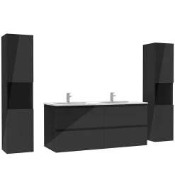 AICA Sanitaire Ensemble meuble salle de bain 120 cm noir brillant avec 4 tiroirs, double lavabo céramique + colonne haute x2, suspendu