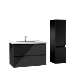 AICA Sanitaire Ensemble meuble salle de bain 80 cm noir brillant avec 2 tiroirs, lavabo céramique simple + colonne, suspendu* Ensemble Meuble De Salle De Bains