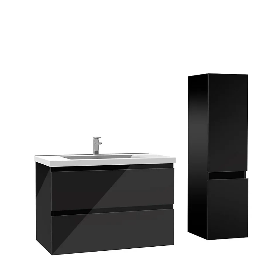 AICA Sanitaire Ensemble meuble salle de bain 80 cm noir brillant avec 2 tiroirs, lavabo céramique simple + colonne, suspendu* Ensemble Meuble De Salle De Bains