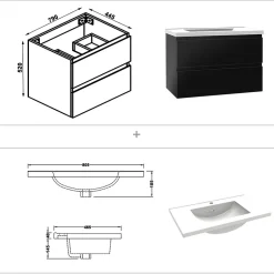 AICA Sanitaire Ensemble meuble salle de bain 80 cm noir brillant avec 2 tiroirs, lavabo céramique simple + colonne, suspendu* Ensemble Meuble De Salle De Bains