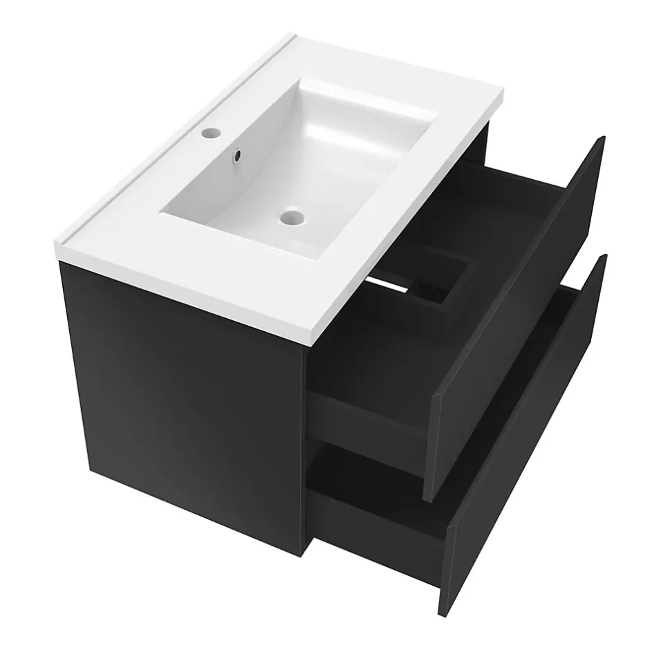 AICA Sanitaire Ensemble meuble salle de bain 80 cm noir brillant avec 2 tiroirs, lavabo céramique simple + colonne, suspendu* Ensemble Meuble De Salle De Bains