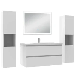 AICA Sanitaire Ensemble meuble Salle de Bain 100cm avec colonne + miroir lumineux dimmable blanc