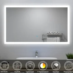 AICA Sanitaire Ensemble meuble Salle de Bain 100cm avec colonne + miroir lumineux dimmable blanc