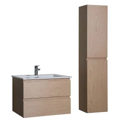 Mob-In Ensemble meuble simple vasque 60cm avec vasque et colonne SORRENTO Décor chêne