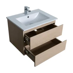 Mob-In Ensemble meuble simple vasque 60cm avec vasque et colonne SORRENTO Décor chêne