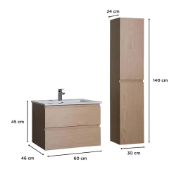 Mob-In Ensemble meuble simple vasque 60cm avec vasque et colonne SORRENTO Décor chêne