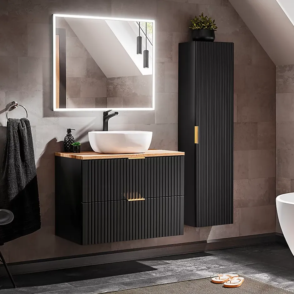 Petits-Meubles Ensemble meuble simple vasque 80cm et colonne Adriel Noir et Bois