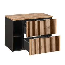 Petits-Meubles Ensemble meuble simple vasque 80cm 2 niches miroir LED colonne et 3 armoires murales Gaia Bois et Noir - Vasque Noir