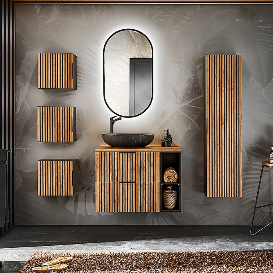Petits-Meubles Ensemble meuble simple vasque 80cm 2 niches miroir LED colonne et 3 armoires murales Gaia Bois et Noir - Vasque Noir