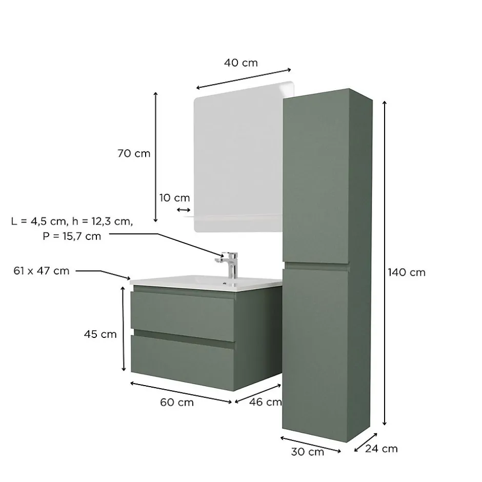 Mob-In Ensemble meuble simple vasque SORRENTO 60 cm + robinet + miroir + Colonne