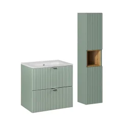Petits-Meubles Ensemble meuble simple vasque encastree 60cm 2 tiroirs et colonne Jade Vert et Bois