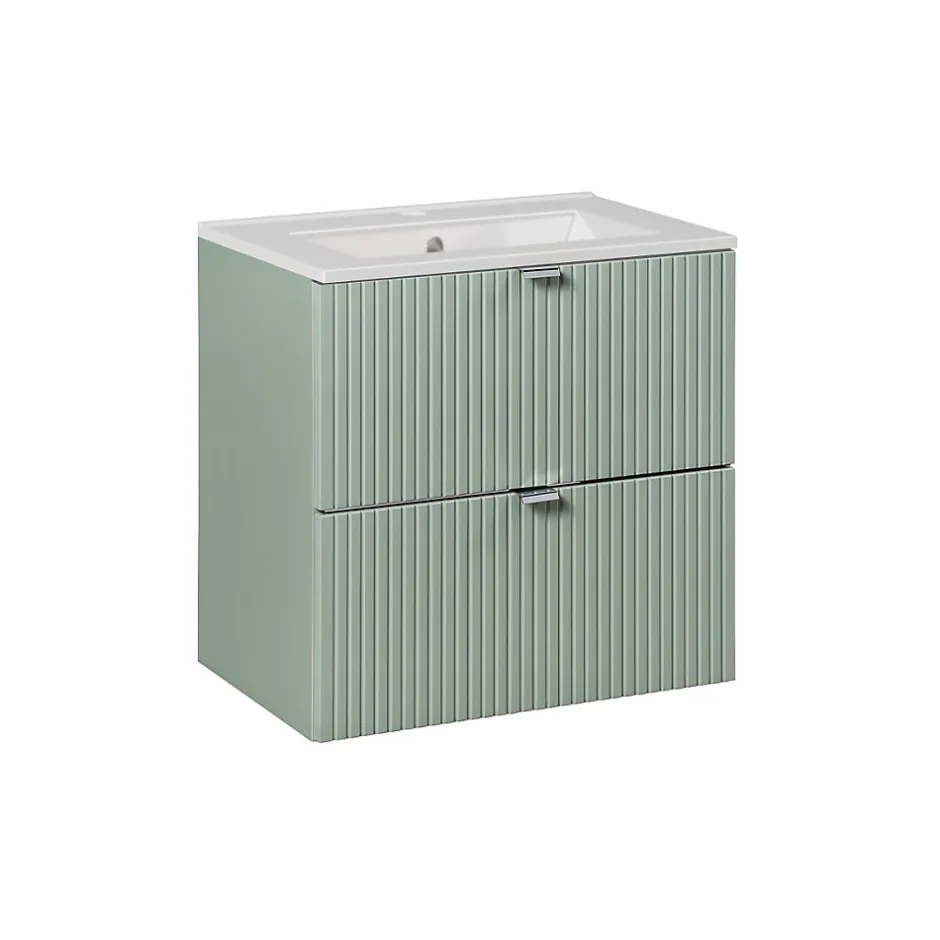 Petits-Meubles Ensemble meuble simple vasque encastree 60cm 2 tiroirs et colonne Jade Vert et Bois