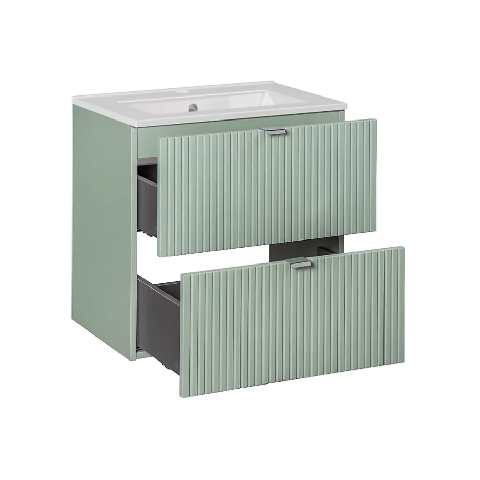Petits-Meubles Ensemble meuble simple vasque encastree 60cm 2 tiroirs et colonne Jade Vert et Bois