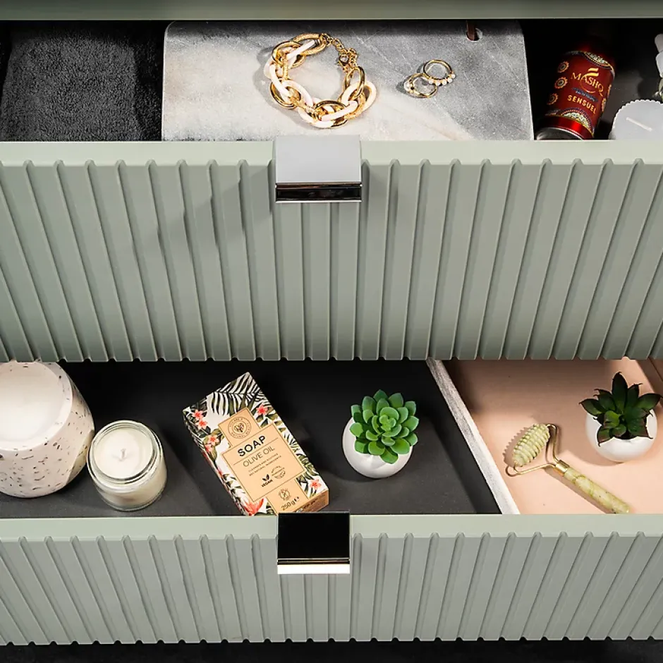 Petits-Meubles Ensemble meuble simple vasque encastree 60cm 2 tiroirs et colonne Jade Vert et Bois