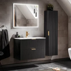 Petits-Meubles Ensemble meuble simple vasque encastree 80cm miroir LED et colonne Adriel Noir
