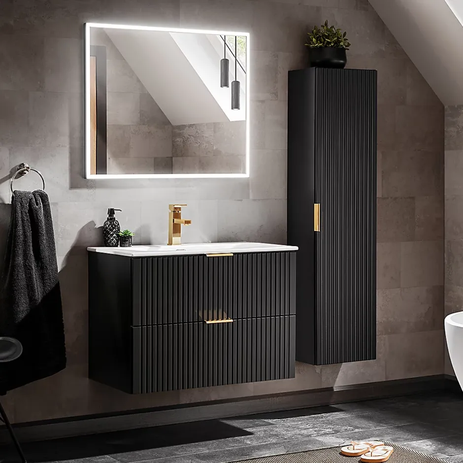 Petits-Meubles Ensemble meuble simple vasque encastree 80cm miroir LED et colonne Adriel Noir