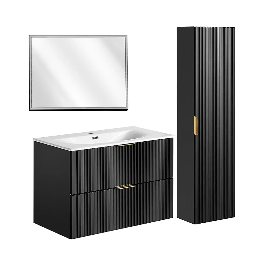 Petits-Meubles Ensemble meuble simple vasque encastree 80cm miroir LED et colonne Adriel Noir