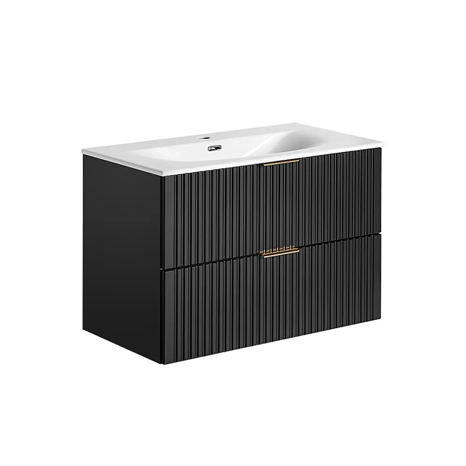 Petits-Meubles Ensemble meuble simple vasque encastree 80cm miroir LED et colonne Adriel Noir