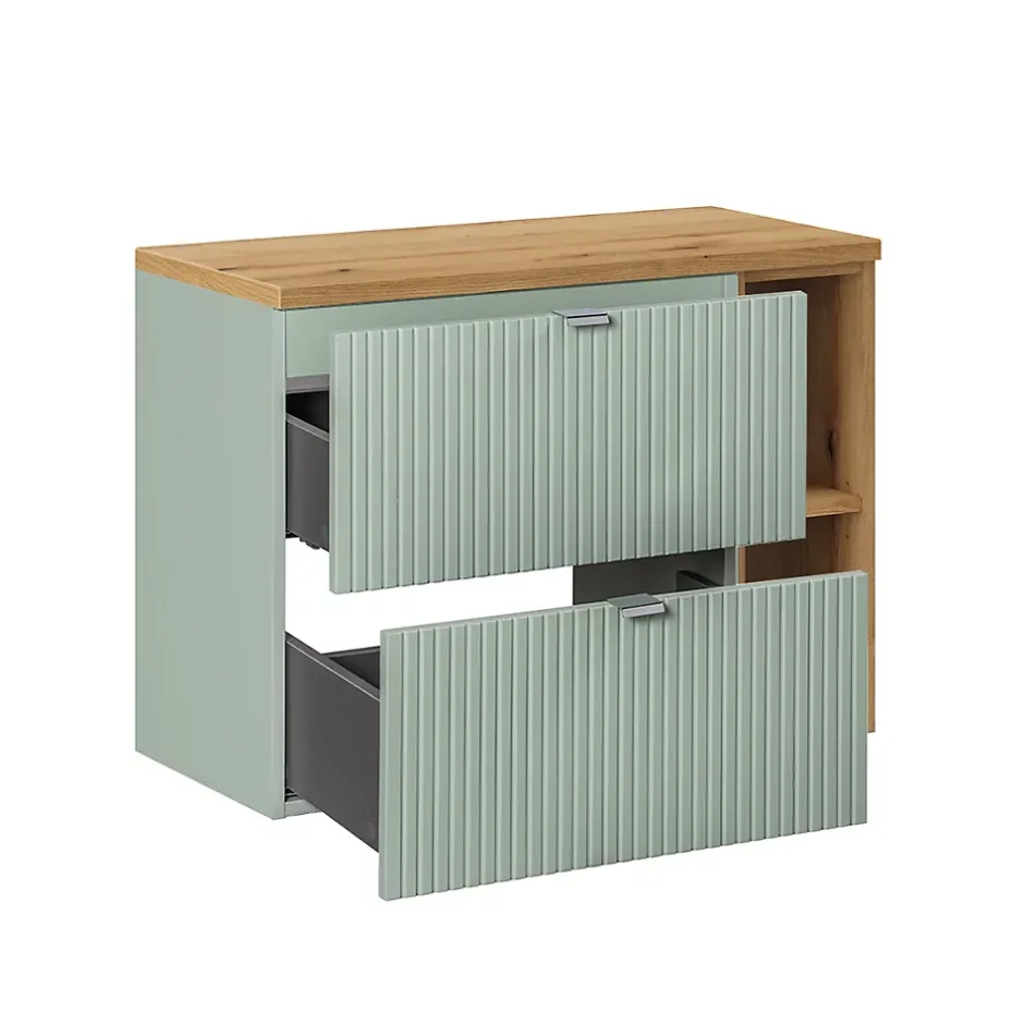 Petits-Meubles Ensemble meuble simple vasque 80cm 2 tiroirs 2 niches et colonne Jade Vert et Bois* Ensemble Meuble De Salle De Bains