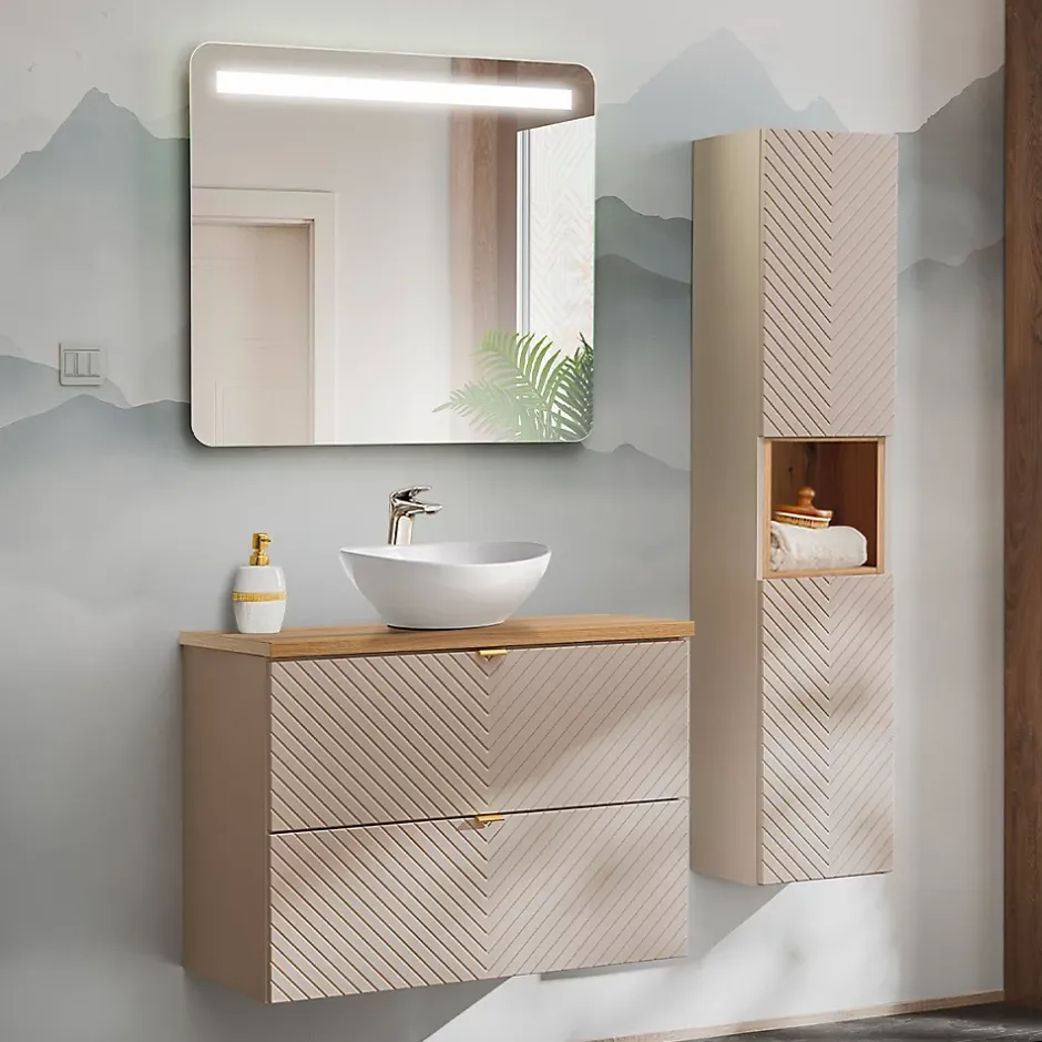 Petits-Meubles Ensemble meuble simple vasque 80cm 2 tiroirs et colonne Manoa Cachemire et Bois* Ensemble Meuble De Salle De Bains