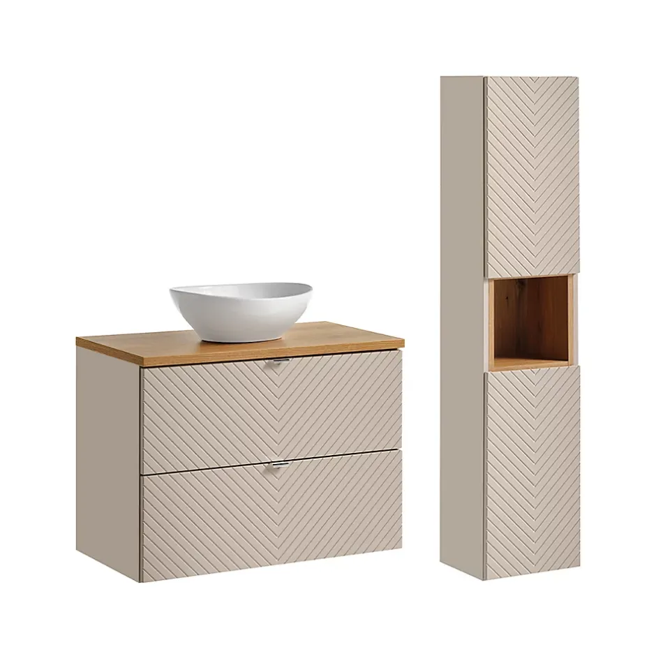 Petits-Meubles Ensemble meuble simple vasque 80cm 2 tiroirs et colonne Manoa Cachemire et Bois* Ensemble Meuble De Salle De Bains