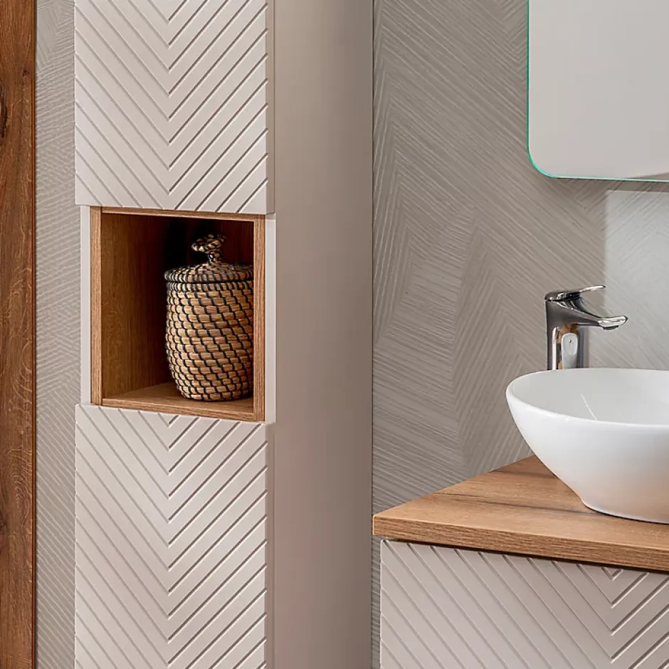Petits-Meubles Ensemble meuble simple vasque 80cm 2 tiroirs et colonne Manoa Cachemire et Bois* Ensemble Meuble De Salle De Bains