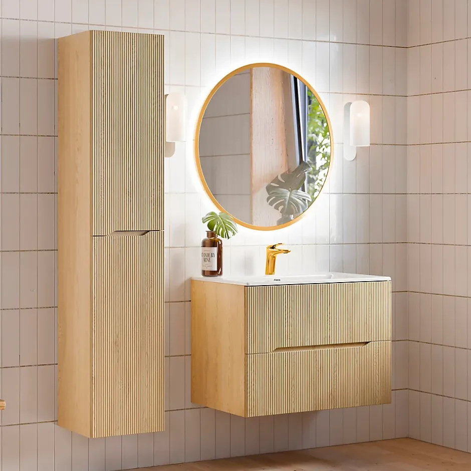 Petits-Meubles Ensemble meuble simple vasque encastree 80cm et colonne Isaline Bois* Ensemble Meuble De Salle De Bains