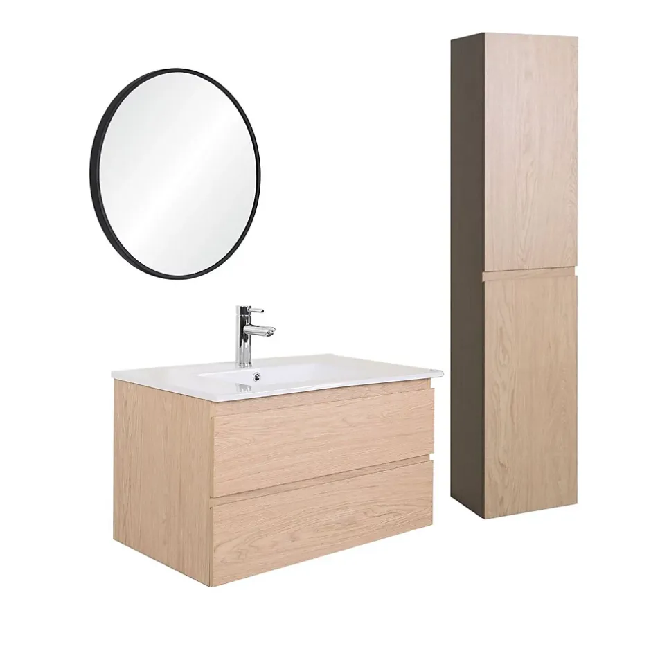 Mob-In Ensemble meuble simple vasque SORRENTO 80cm avec plan céramique, robinet, miroir et colonne* Ensemble Meuble De Salle De Bains