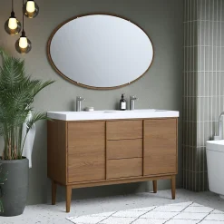GoodHome Ensemble meuble sous vasque placage bois Kabayan + plan double vasque résine blanc Mila l.120 cm