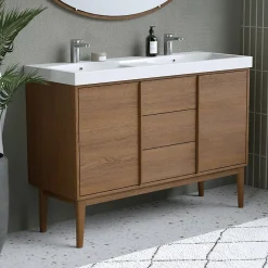 GoodHome Ensemble meuble sous vasque placage bois Kabayan + plan double vasque résine blanc Mila l.120 cm