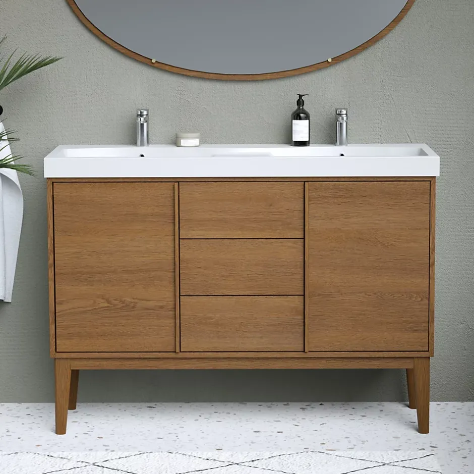 GoodHome Ensemble meuble sous vasque placage bois Kabayan + plan double vasque résine blanc Mila l.120 cm