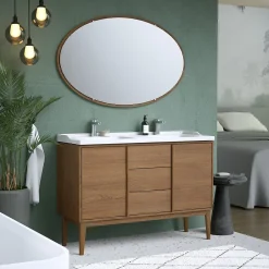 GoodHome Ensemble meuble sous vasque placage bois Kabayan + plan double vasque céramique blanc Lana l.120 cm* Meuble Vasque