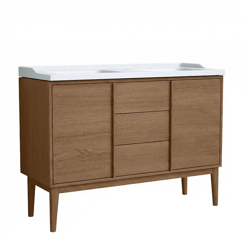 GoodHome Ensemble meuble sous vasque placage bois Kabayan + plan double vasque céramique blanc Lana l.120 cm* Meuble Vasque