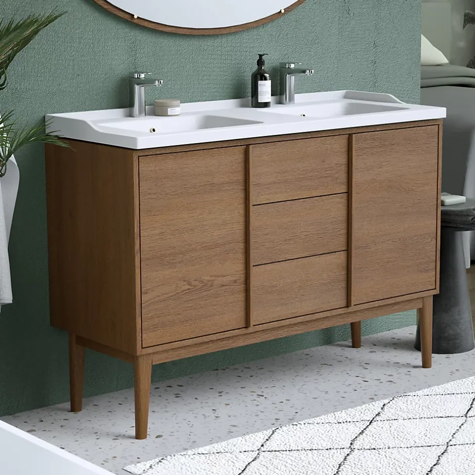 GoodHome Ensemble meuble sous vasque placage bois Kabayan + plan double vasque céramique blanc Lana l.120 cm* Meuble Vasque