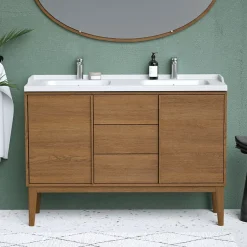 GoodHome Ensemble meuble sous vasque placage bois Kabayan + plan double vasque céramique blanc Lana l.120 cm* Meuble Vasque