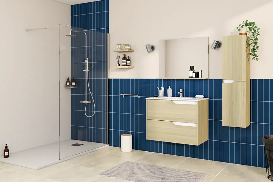 Ensemble meuble sous-vasque 2 tiroirs l. 80 cm + plan vasque + miroir, décor bois, Tolima