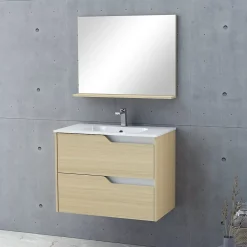 Ensemble meuble sous-vasque 2 tiroirs l. 80 cm + plan vasque + miroir, décor bois, Tolima