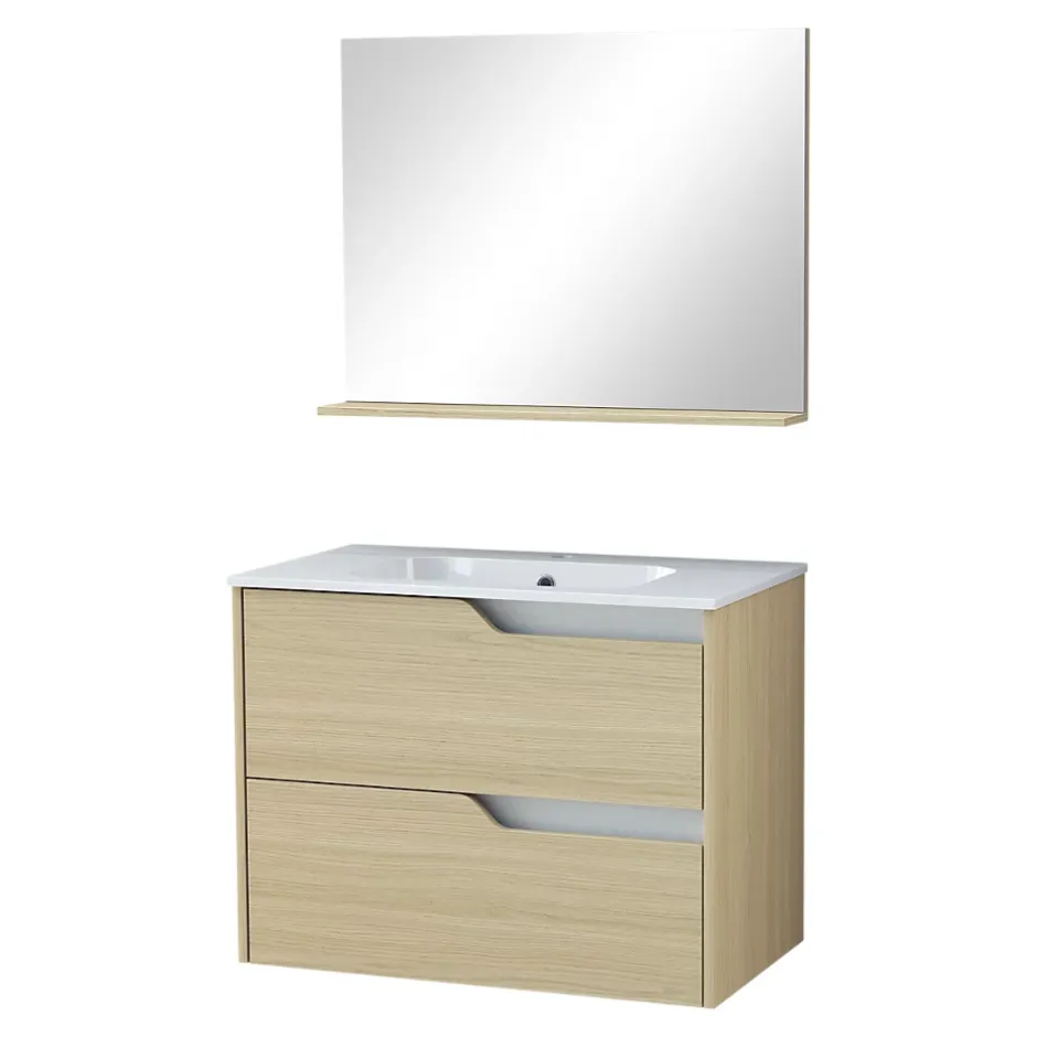 Ensemble meuble sous-vasque 2 tiroirs l. 80 cm + plan vasque + miroir, décor bois, Tolima