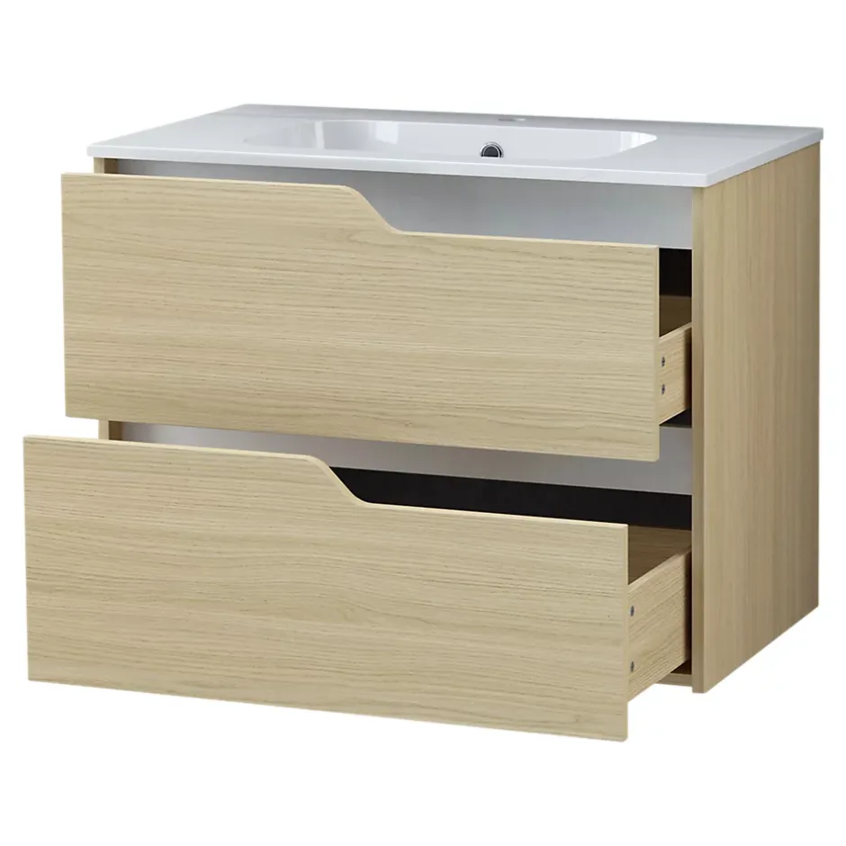 Ensemble meuble sous-vasque 2 tiroirs l. 80 cm + plan vasque + miroir, décor bois, Tolima