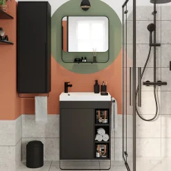 GoodHome Ensemble meuble vasque faible profondeur noir avec porte-serviettes l.65 x H.82 x P.36 cm + plan vasque blanc résine + miroir, Maza