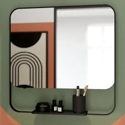 GoodHome Ensemble meuble vasque faible profondeur noir avec porte-serviettes l.65 x H.82 x P.36 cm + plan vasque blanc résine + miroir, Maza