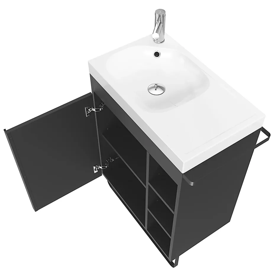 GoodHome Ensemble meuble vasque faible profondeur noir avec porte-serviettes l.65 x H.82 x P.36 cm + plan vasque blanc résine + miroir, Maza