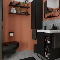 GoodHome Ensemble meuble vasque faible profondeur noir avec porte-serviettes l.65 x H.82 x P.36 cm + plan vasque blanc résine + miroir, Maza