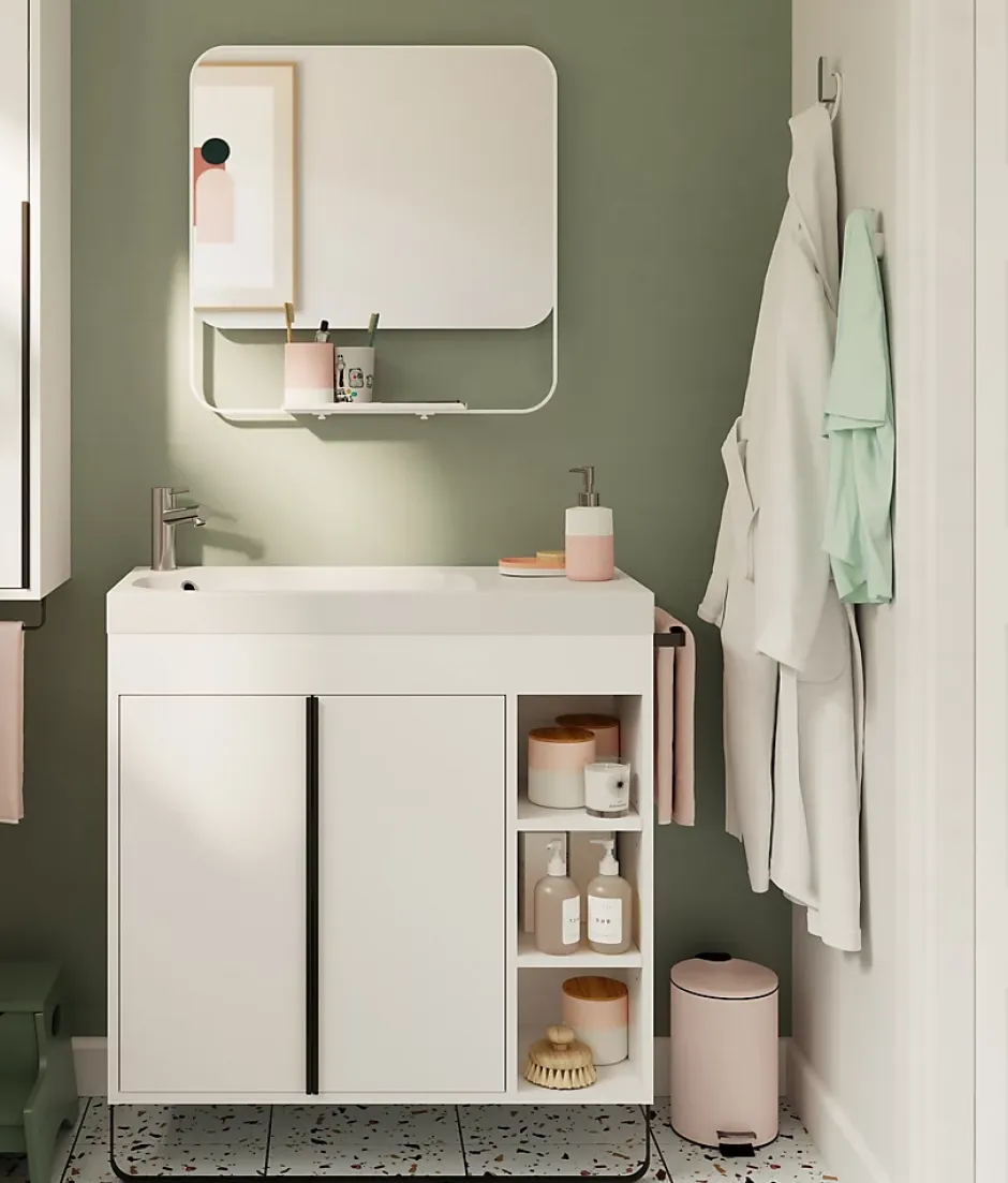 GoodHome Ensemble meuble vasque faible profondeur blanc avec porte-serviettes l.85 x H.82 x P.36 cm + plan vasque résine blanc + miroir, Maza* Ensemble Meuble De Salle De Bains|Meuble De Salle De Bains Faible Profondeur