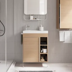 GoodHome Ensemble meuble vasque faible profondeur effet bois avec porte-serviettes l.65 x H.82 x P.36 cm + plan vasque résine blanc + miroir, Maza